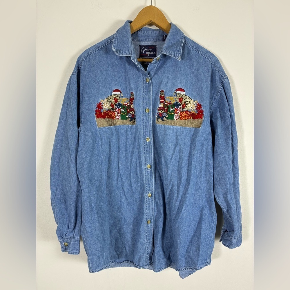 Vintage Let’s Quizz Again Denim Shirt Embroidered Christmas Cat Large